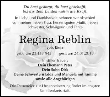 Traueranzeige von Regina Reblin von WVG - Wochenspiegel Halle