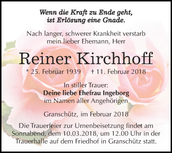 Traueranzeige von Reiner Kirchhoff von Mitteldeutsche Zeitung Weißenfels