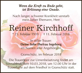 Traueranzeige von Reiner Kirchhoff von WVG - Wochenspiegel NMB / WSF / ZTZ