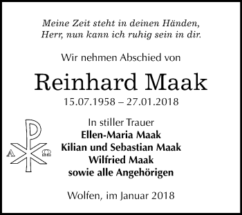 Traueranzeige von Reinhard Maak von Mitteldeutsche Zeitung Bitterfeld