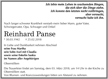 Traueranzeige von Reinhard Panse von Mitteldeutsche Zeitung