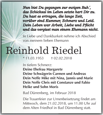 Traueranzeige von Reinhold Riedel von Mitteldeutsche Zeitung Merseburg/Querfurt