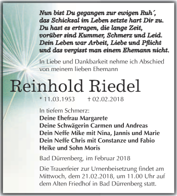 Traueranzeige von Reinhold Riedel von Super Sonntag Merseburg