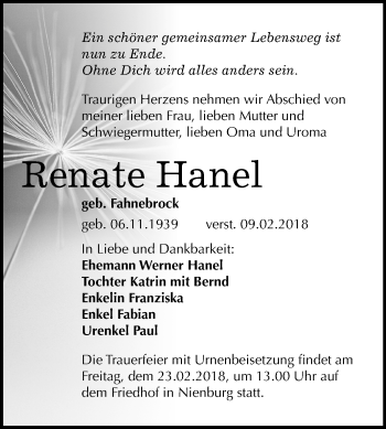 Traueranzeige von Renate Hanel von Mitteldeutsche Zeitung Bernburg
