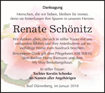 Traueranzeige von Renate Schönitz von WVG - Wochenspiegel Merseburg