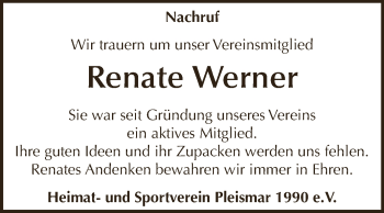 Traueranzeige von Renate Werner von WVG - Wochenspiegel NMB / WSF / ZTZ