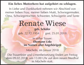 Traueranzeige von Renate Wiese von WVG - Wochenspiegel Merseburg