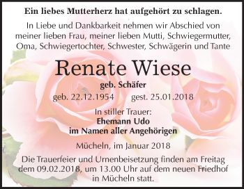 Traueranzeige von Renate Wiese von Mitteldeutsche Zeitung Merseburg/Querfurt