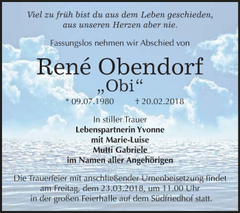 Traueranzeige von Rene Obendorf von Mitteldeutsche Zeitung Halle/Saalkreis