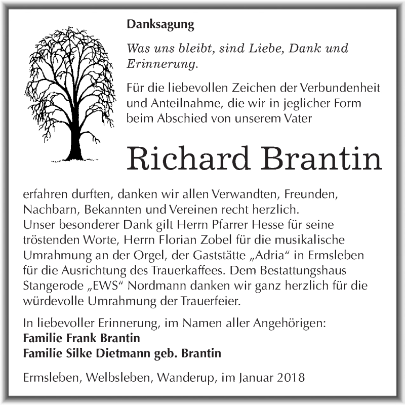  Traueranzeige für Richard Brantin vom 31.01.2018 aus Wochenspiegel Mansfelder Land