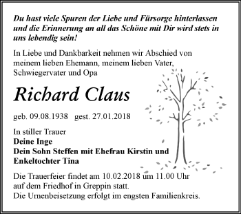 Traueranzeige von Richard Claus von Mitteldeutsche Zeitung Bitterfeld