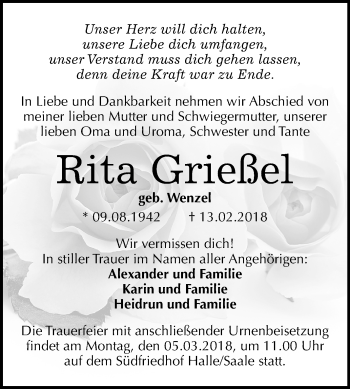 Traueranzeige von Rita Grießel von Mitteldeutsche Zeitung Halle/Saalkreis