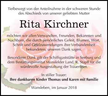 Traueranzeige von Rita Kirchner von Wochenspiegel Mansfelder Land
