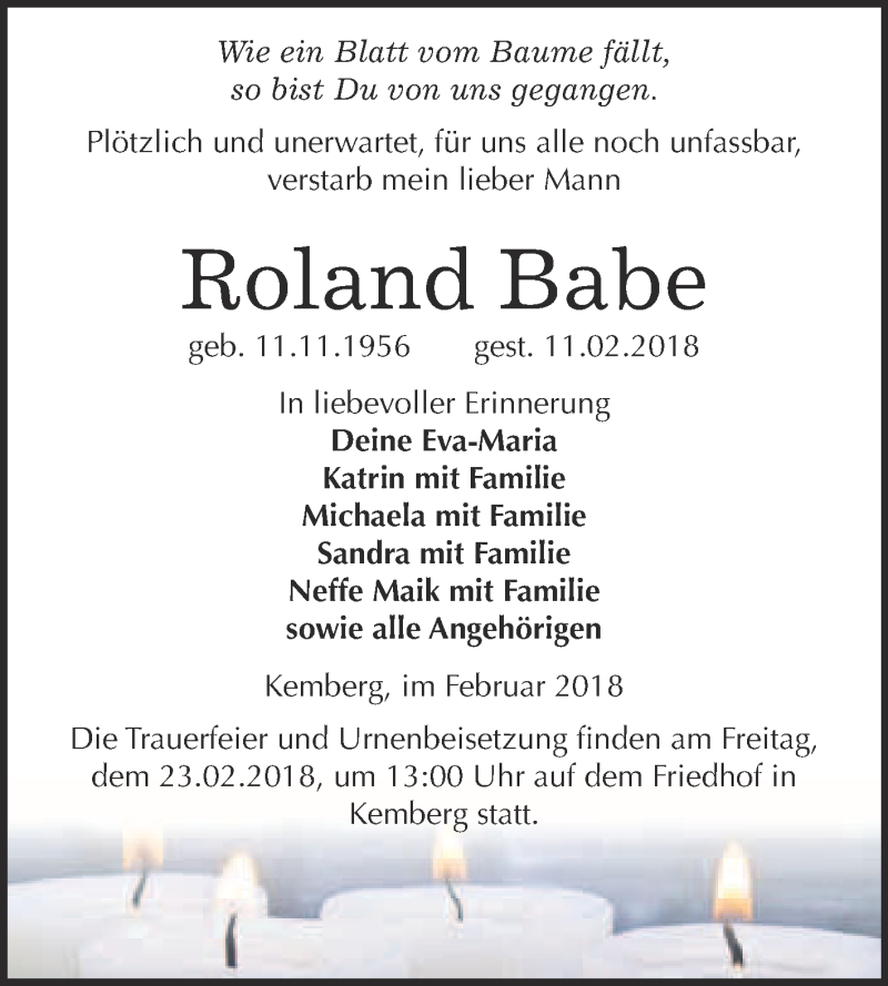  Traueranzeige für Roland Babe vom 17.02.2018 aus WVG - Wochenspiegel Wittenberg