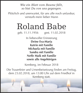 Traueranzeige von Roland Babe von WVG - Wochenspiegel Wittenberg