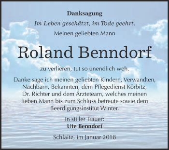 Traueranzeige von Roland Benndorf von WVG - Wochenspiegel Bitterfeld