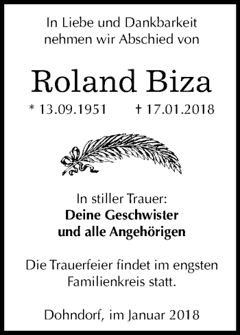 Traueranzeige von Roland Biza von Mitteldeutsche Zeitung