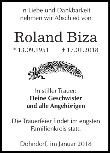 Traueranzeige von Roland Biza von WVG - Wochenspiegel Dessau / Köthen