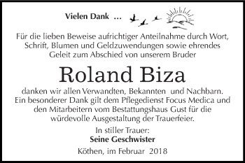 Traueranzeige von Roland Biza von WVG - Wochenspiegel Dessau / Köthen