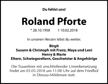 Traueranzeige von Roland Pforte von Mitteldeutsche Zeitung Dessau-Roßlau
