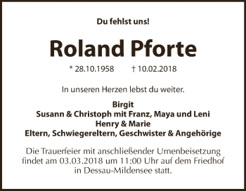 Traueranzeige von Roland Pforte von WVG - Wochenspiegel Dessau / Köthen