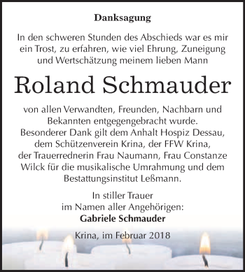 Traueranzeige von Roland Schmauder von WVG - Wochenspiegel Bitterfeld