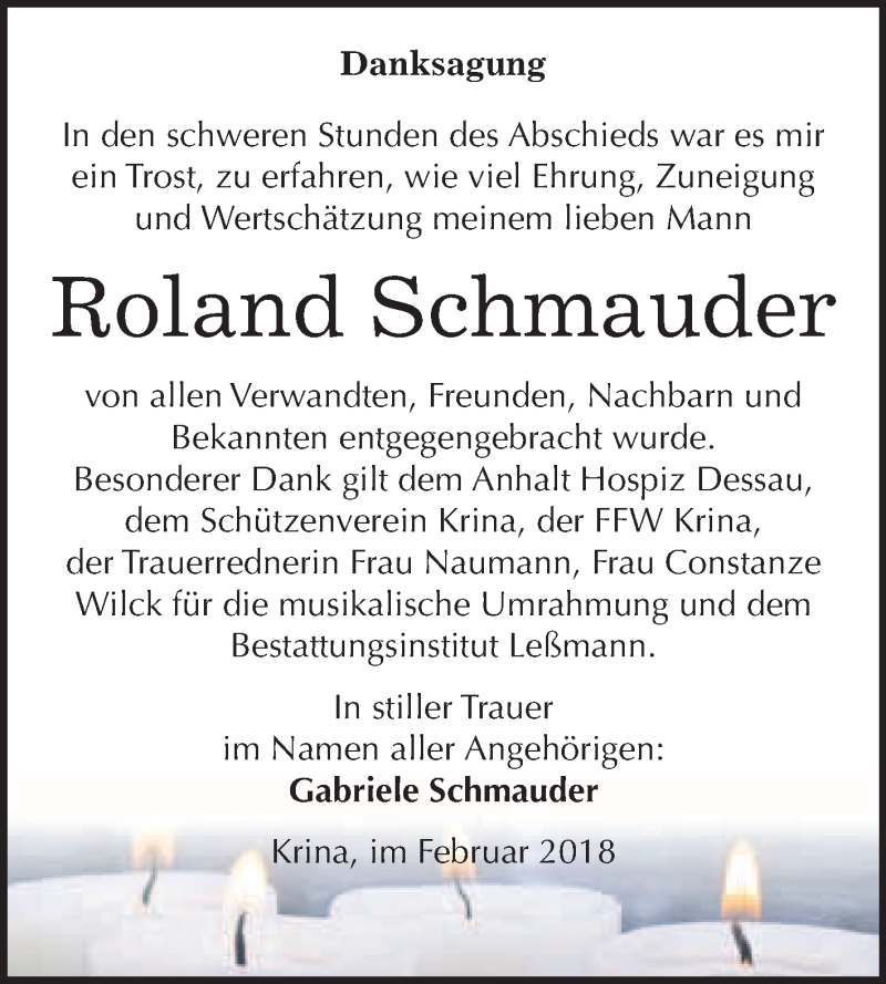  Traueranzeige für Roland Schmauder vom 07.02.2018 aus WVG - Wochenspiegel Bitterfeld