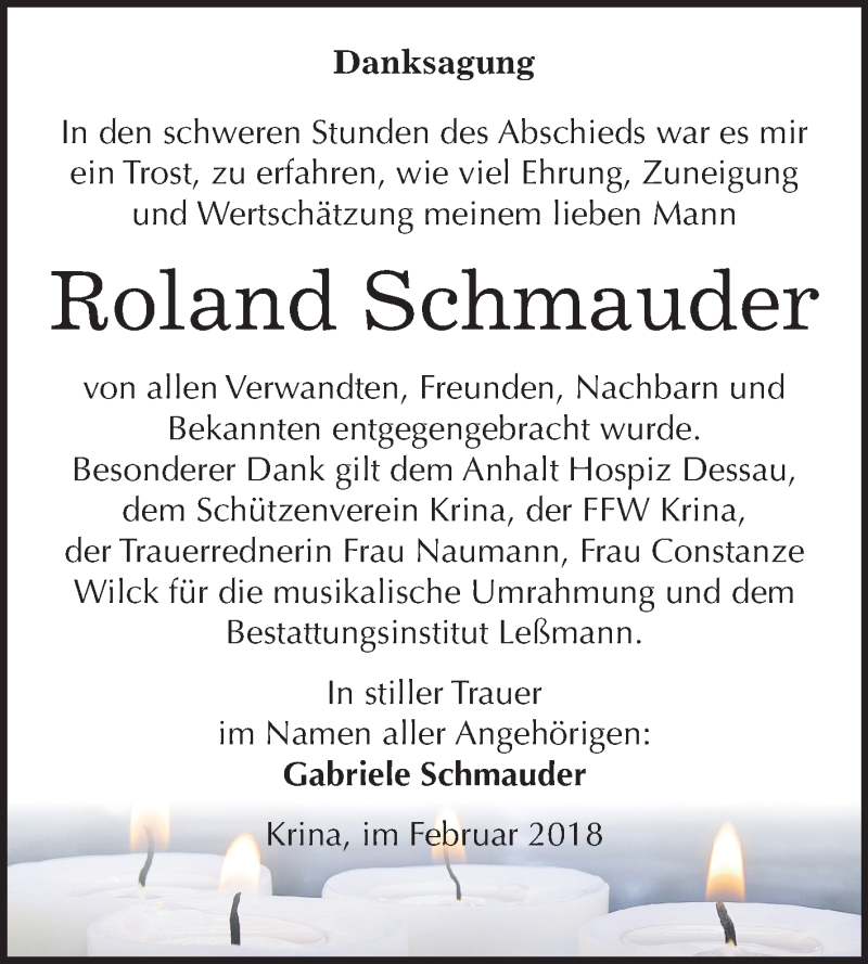  Traueranzeige für Roland Schmauder vom 07.02.2018 aus Mitteldeutsche Zeitung Bitterfeld