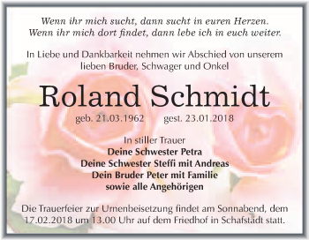 Traueranzeige von Roland Schmidt von WVG - Wochenspiegel Merseburg