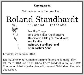 Traueranzeige von Roland Standhardt von Mitteldeutsche Zeitung