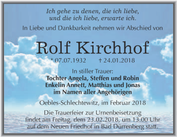Traueranzeige von Rolf Kirchhof von Super Sonntag Merseburg