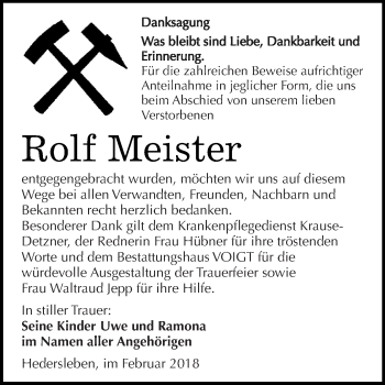 Traueranzeige von Rolf Meister von Super Sonntag SGH Mansf. Land