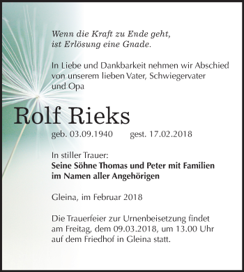 Traueranzeige von Rolf Rieks von Mitteldeutsche Zeitung