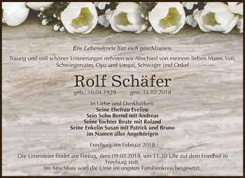 Traueranzeige von Rolf Schäfer von WVG - Wochenspiegel NMB / WSF / ZTZ