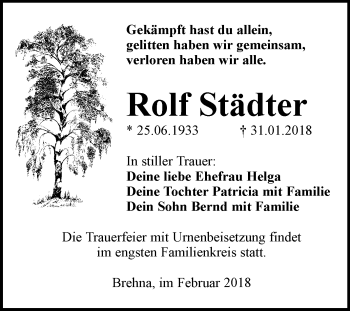 Traueranzeige von Rolf Städter von Mitteldeutsche Zeitung Bitterfeld