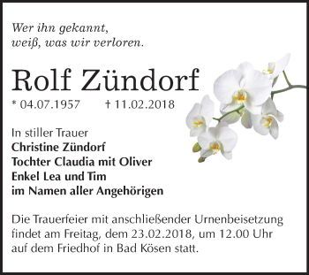Traueranzeige von Rolf Zündorf von Mitteldeutsche Zeitung