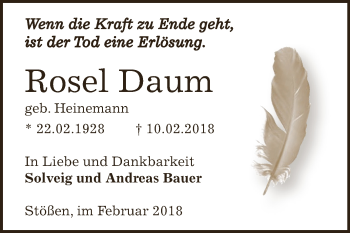 Traueranzeige von Rosel Daum von WVG - Wochenspiegel NMB / WSF / ZTZ
