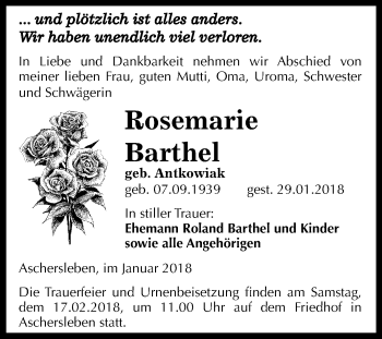 Traueranzeige von Rosemarie Barthel von Mitteldeutsche Zeitung Aschersleben