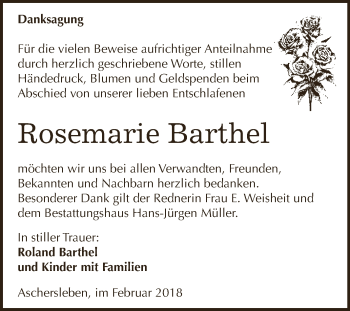 Traueranzeige von Rosemarie Barthel von Super Sonntag Aschersleben