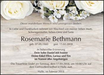 Traueranzeige von Rosemarie Bethmann von Mitteldeutsche Zeitung Halle/Saalkreis