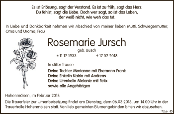 Traueranzeige von Rosemarie Jursch von WVG - Wochenspiegel NMB / WSF / ZTZ