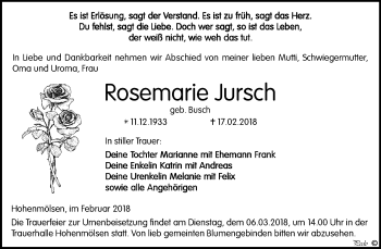 Traueranzeige von Rosemarie Jursch von Mitteldeutsche Zeitung Weißenfels