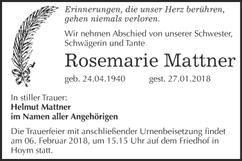 Traueranzeige von Rosemarie Mattner von Super Sonntag Wittenberg