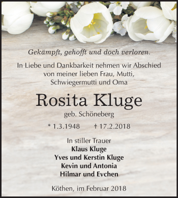 Traueranzeige von Rosita Kluge von Mitteldeutsche Zeitung Köthen