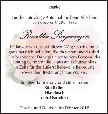 Traueranzeige von Rositta Siegmeyer von Mitteldeutsche Zeitung Weißenfels