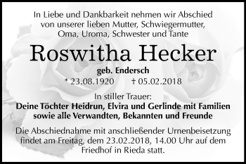 Traueranzeige von Roswitha Hecker von Mitteldeutsche Zeitung Bitterfeld
