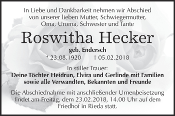 Traueranzeige von Roswitha Hecker von WVG - Wochenspiegel Bitterfeld