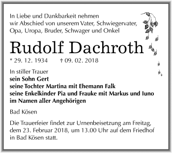 Traueranzeige von Rudolf Dachroth von Mitteldeutsche Zeitung