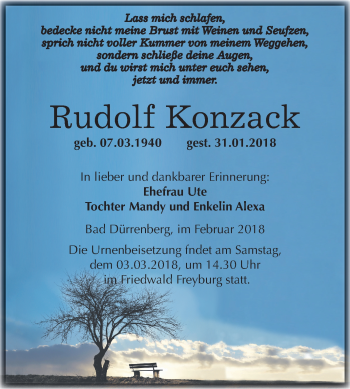 Traueranzeige von Rudolf Konzack von Mitteldeutsche Zeitung Merseburg/Querfurt
