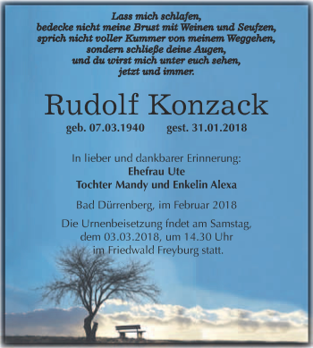 Traueranzeige von Rudolf Konzack von Super Sonntag Merseburg